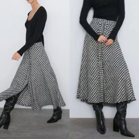 ZARA Women Black White Houndstooth Tweed A-Line Midi Buttons Skirt ASO Kate Midd - Picture 3 of 8